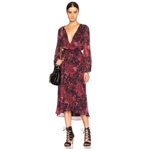 IRO Aby Women's Floral Midi Dress Black Red Silk V Back Tassel Tie Medium